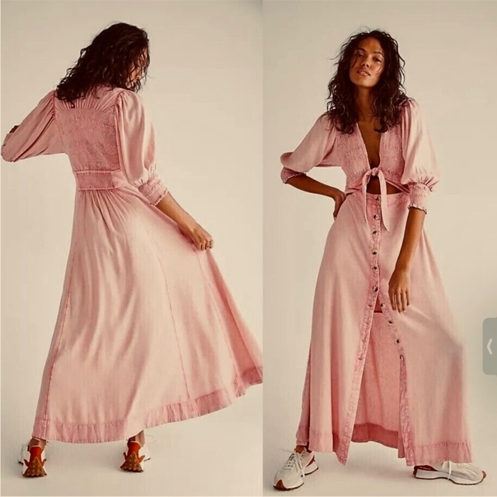 Free People Maxi String of Hearts Dress Dusty Rose Pink Buttons Tie Front Small